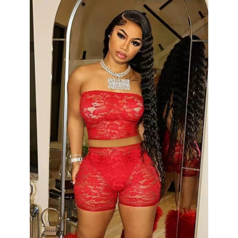 Sexy Lace See Through Women Two Piece Set Hot Girl 2024 Summer New Strapless Crop Tops Slim Fit Shorts Party Club Streetwear