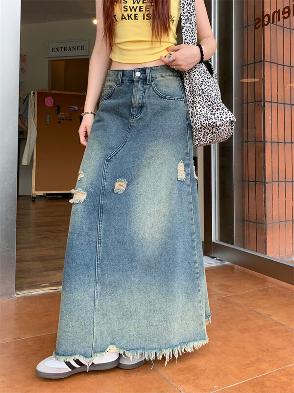 Benuynffy Design Heavy Industry Washed Ripped Denim Skirt Women Streetwear Casual High Waisted Raw Hem A-line Jean Long Skirts