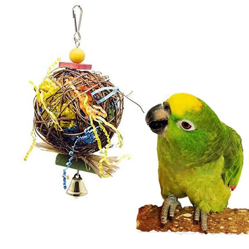 Trituradora loros, juguetes papel, bola ratán colgante, juguete para masticar mordeduras pájaros con campanas para y