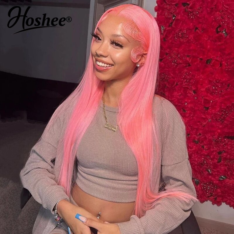 Peluca de cabello humano liso para mujer, postizo de encaje Frontal 13x4 HD, color rosa, transparente, sin pegamento, brasileño, prearrancado
