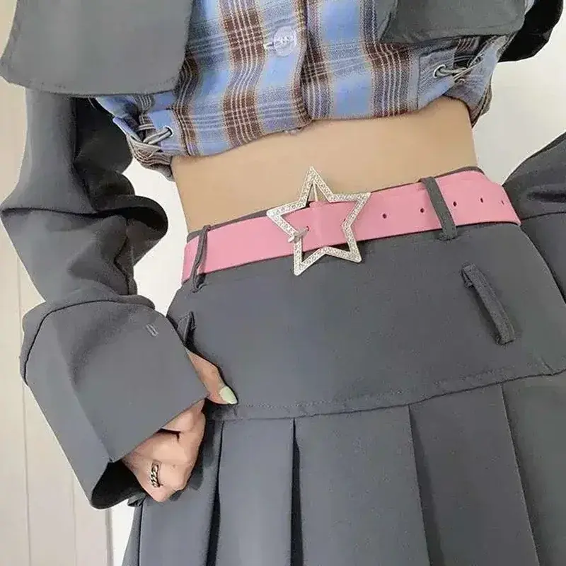 2024 New Instagram Style Spicy Girl Pink Belt with American Metal Buckle, Five Pointed Star Full Diamond Versatile Belt
