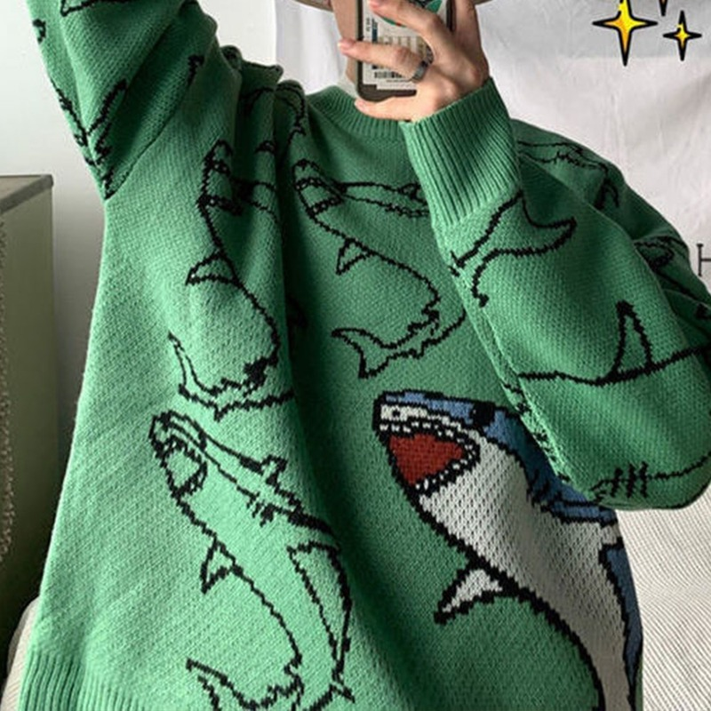 Pullover kaus Anime Harajuku pria wanita, hangat leher bulat 2023 rajutan Pullover desain estetika Y2k baju hiu