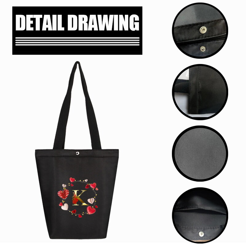 女性用の黒いキャンバスバッグ,再利用可能な折りたたみ式ハンドバッグ,大容量,愛の手紙,パターン,収納バッグ