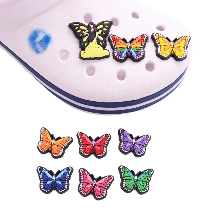 Vendita calda 1 pz ciondoli per scarpe farfalla colorata Sprite PVC carino scarpe da giardino fibbia decorazione Fit Croc Jibz bambini regalo di natale