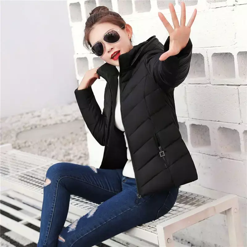 Abrigo de algodón con capucha para mujer, chaqueta cálida informal, ropa de abrigo negra, PA1143, Invierno