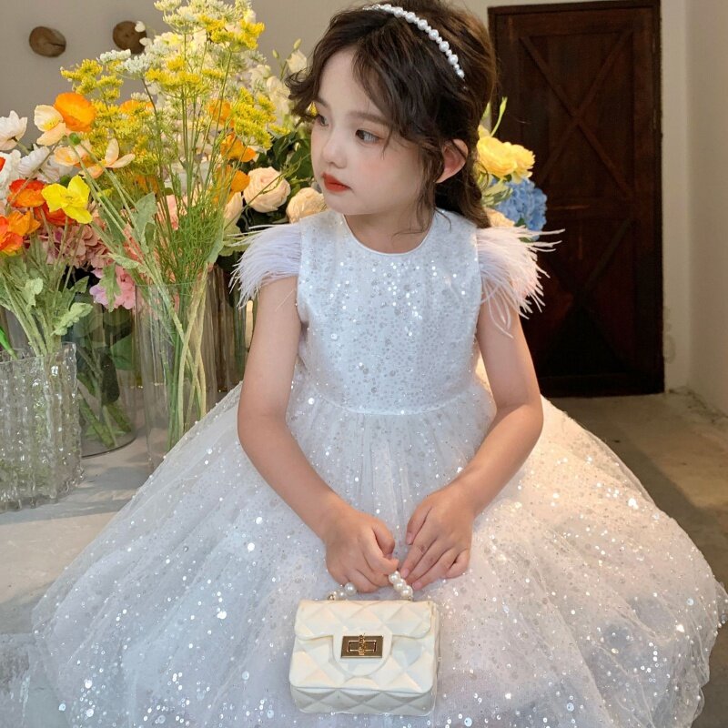 Новинка для девочек, Летнее белое Сетчатое платье принцессы без рукавов с бантом и блестками