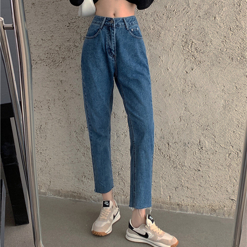 Женские прямые джинсы с завышенной талией, рваные джинсовые брюки до щиколотки с дырками, женские летние джинсы, модные брюки в Корейском стиле, осень 0177