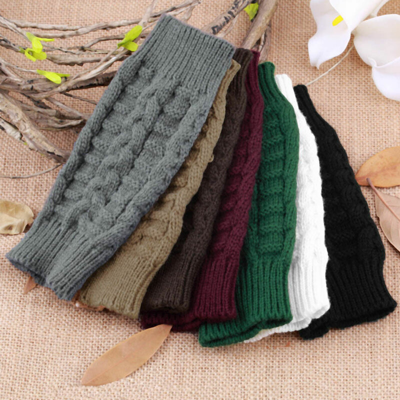 Mulheres à moda mão mais quente luvas de inverno braço crochê tricô falso lã mitten quente sem dedos luva torção padrão feminino luvas