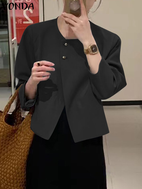 Vonda-Blazer feminino elegante de manga comprida, camisas casuais, casacos de escritório soltos, monocromáticos, botões estilo OL, moda