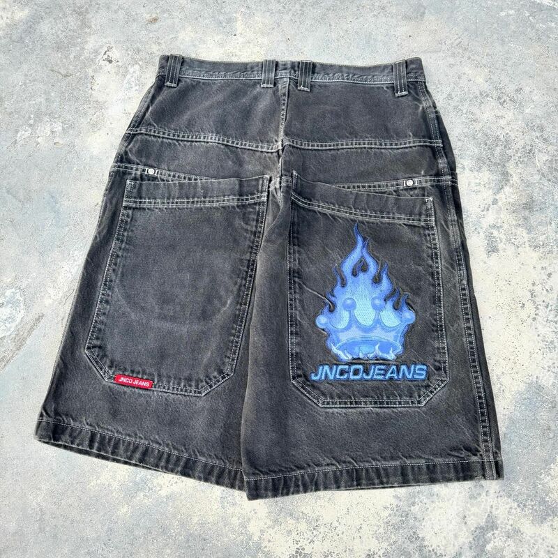 Hip Hop Retro Flame JNCO Shorts Y2K Embroidery Retro Denim Gym Baggy Jeans Shorts Black Pants High Waist Mens Basketball Short