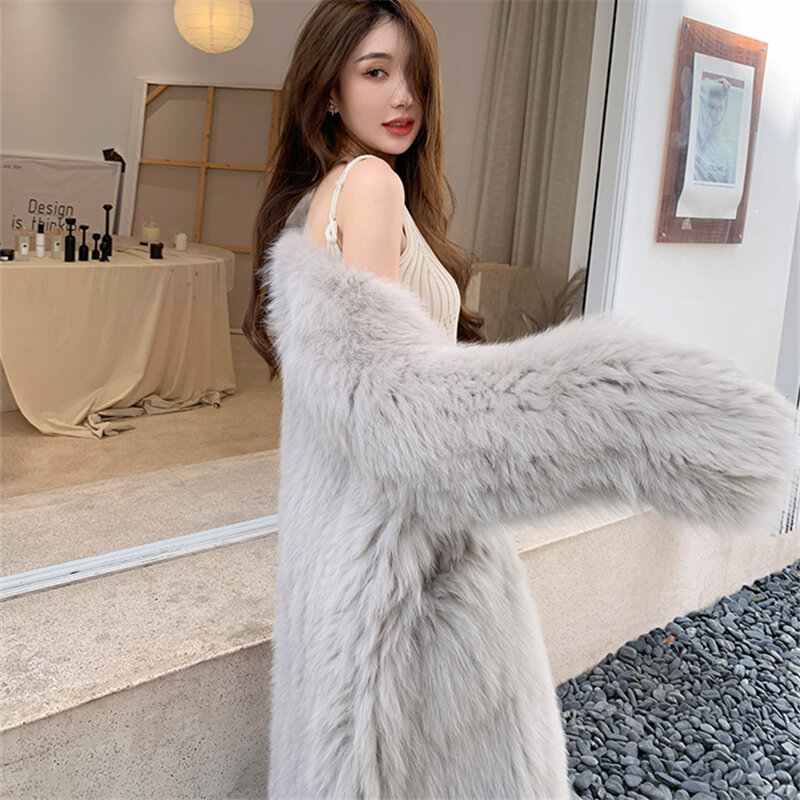 Mantel bulu palsu wanita, jaket panjang bulu rubah imitasi versi Korea untuk musim dingin