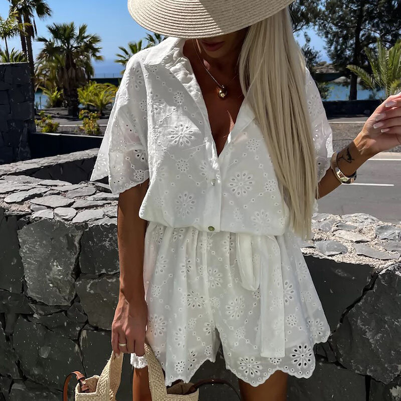 Sexy Embroidery Hollow Out Short Jumpsuit 2024 Women Casual Short Sleeve Solid Loose Romper Elegant Lapel Button Tie-up Playsuit