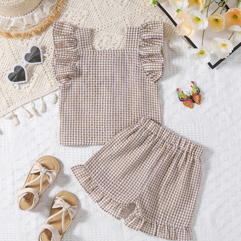 2024 New Summer Korean Style Toddler Baby Girl Clothes Set Flying Sleeved Cotton Plaid Shirt+Shorts Children Clothing Suit