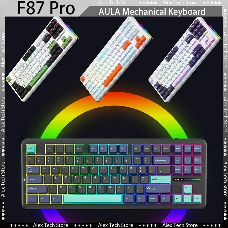 لوحة مفاتيح ميكانيكية Pro, من US, USB, بلوتوث, وضع ثلاثي, لاسلكي, 87 مفتاح, RGB, PBT, طوقا, 5 طبقات, إسكات, مفتاح كامل, بدون تأثير