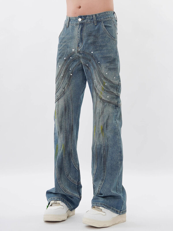 REDDACHIC Splash Ink Flare Jeans for Men Relaxed Distressed Line Patchwork Vintage Bootcut Denim Pants Y2k Harajuku Streetwear