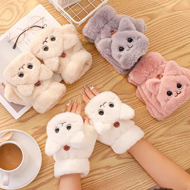 Fashion Women Plush Warm Glove Fur Rabbit Cat Mittens Flip Fingerless Gloves Soft Girls Thick Gloves Flexible Half Finger Winter