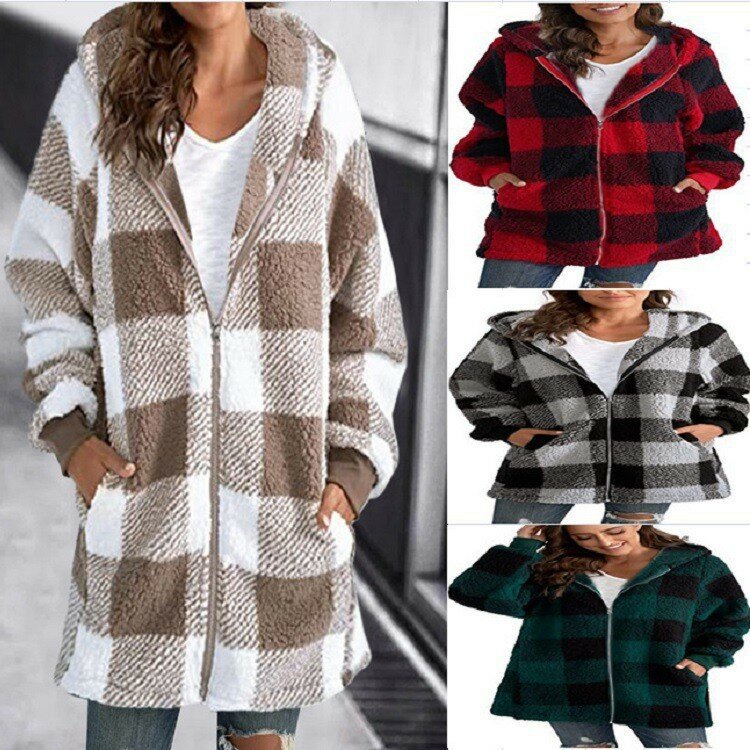 2023 Autumn Winter Plaid Faux Fur Coat Women  Coat Hooded Jackets Female Furry  Bear Plush Jacket Women