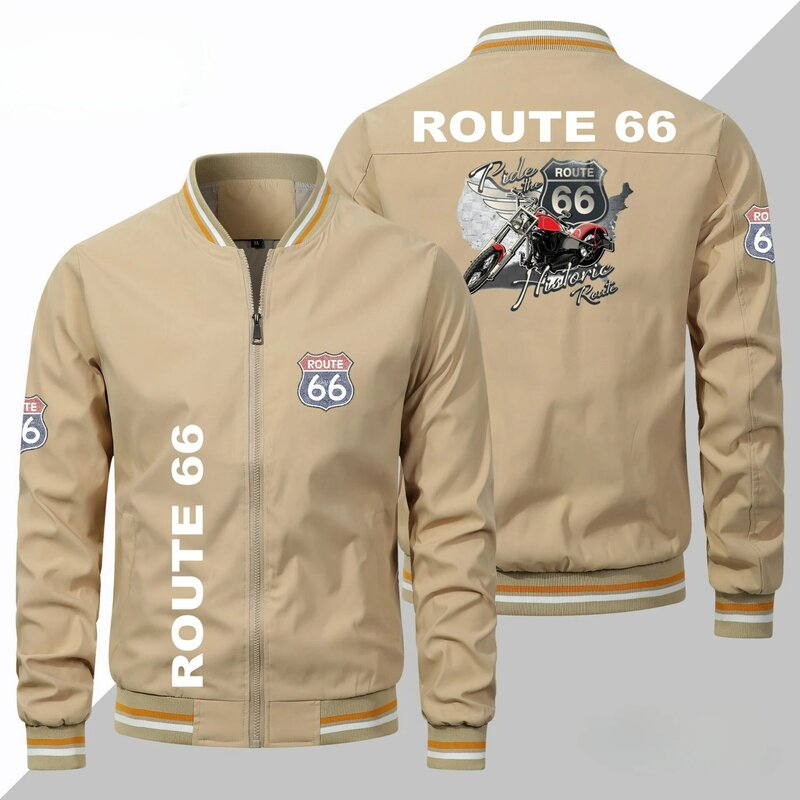 ROUTE 66 오토바이 로고 재킷, 얇은 스포츠 야구 유니폼, 유럽 사이즈 지퍼 재킷, 남성 의류, 용수철 및 가을