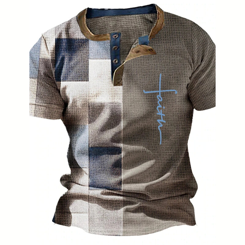 남성용 레트로 폴로 티셔츠, 예수 십자가 프린트 상의, 캐주얼 반팔 풀오버, 체크무늬 티셔츠, 남성 오버사이즈 의류, 여름