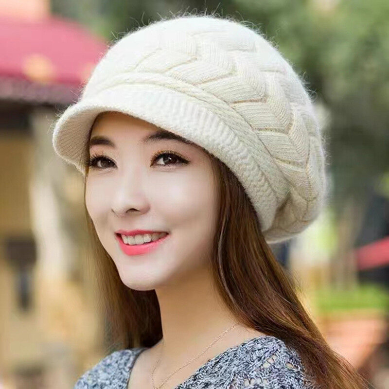 Chapéus de pelúcia para tricô feminino, capuz protetor auricular macio, monocromático, quente, aba pequena, presente para a mãe, outono, inverno, novo