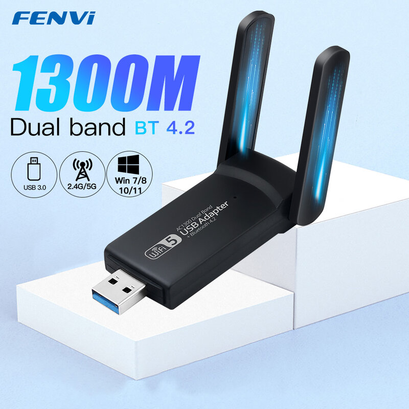 Adattatore WiFi USB 1300 da 3.0 Mbps Bluetooth 4.2 Dongle Dual Band 2.4G/5Ghz WiFi 5 ricevitore Wireless Wlan di rete per PC/Laptop Win10
