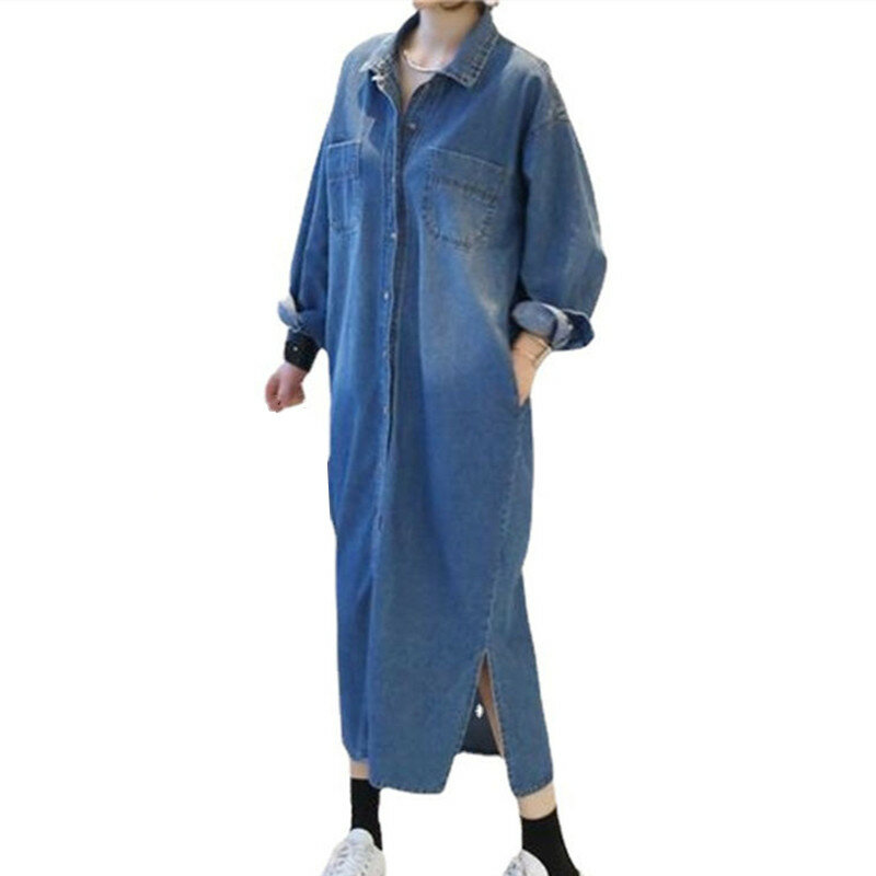 2023 New Spring Denim Dress abbigliamento donna camicia a maniche lunghe allentata abito donna Vintage monopetto Maxi abiti in Denim