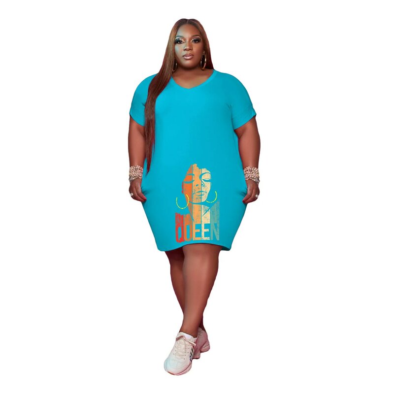 2023 Summer Sexy African Women V-neck Short Sleeve Polyester Printing Plus Size Knee-length Dress 5XL African Dresses for Women
