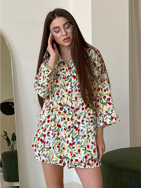 Marthaqiqi Casual Printing Women'S Pajamas 2 Piece Set Turn-Down Collar Sleepwear Long Sleeve Nightie Shorts Ladies Home Clothes