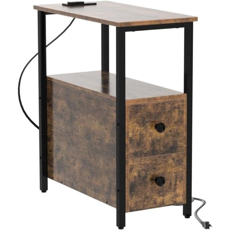 Stolik końcowy ze stacją ładującą, wąski stolik boczny z 2 drewnianymi szufladami, portami USB i gniazdami zasilania, stolik nocny