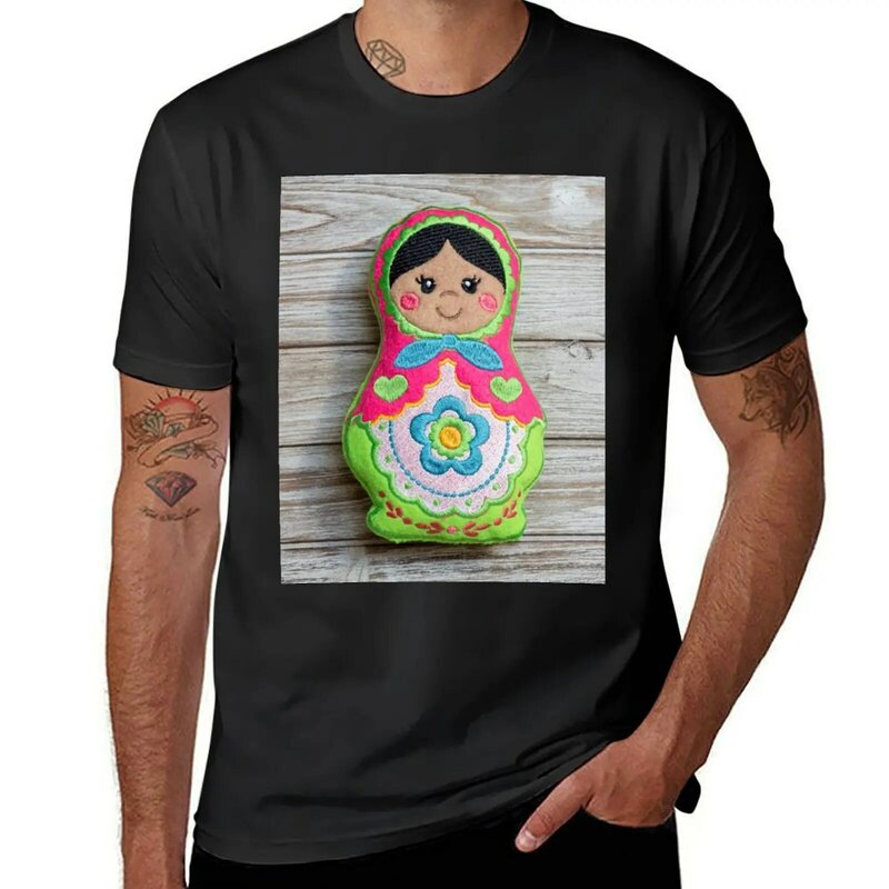 Babuszka-Boneca Folk T-Shirt para Homens, Camisetas Pretas Lisas, Camisetas Gráficas, Roupas Kawaii