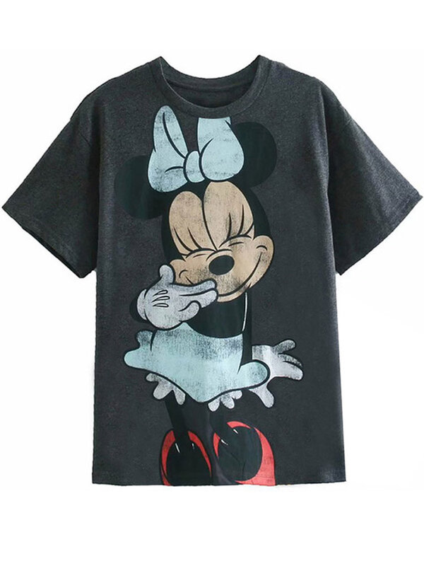 Disney-Camiseta de algodón con estampado de dibujos animados para mujer, ropa de calle de manga corta, jersey de cuello redondo, Camiseta holgada