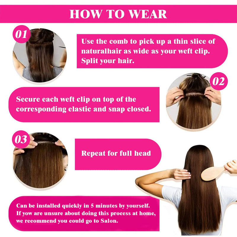 Straight Clip-In extensão do cabelo para mulheres, cabelo humano, Remy brasileiro, natural, moderno, cabeça cheia Hairpiece, 16 "-24"
