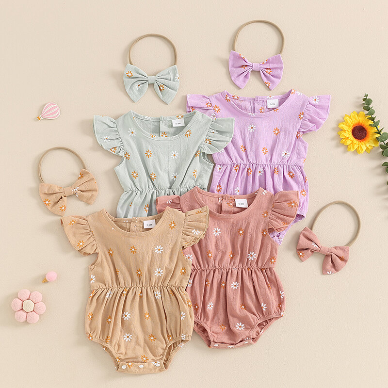 2024-04-05 Lioraitiin 0-18M Baby Girls Summer Rompers Flying Sleeve O Neck Floral Jumpsuit with Headband
