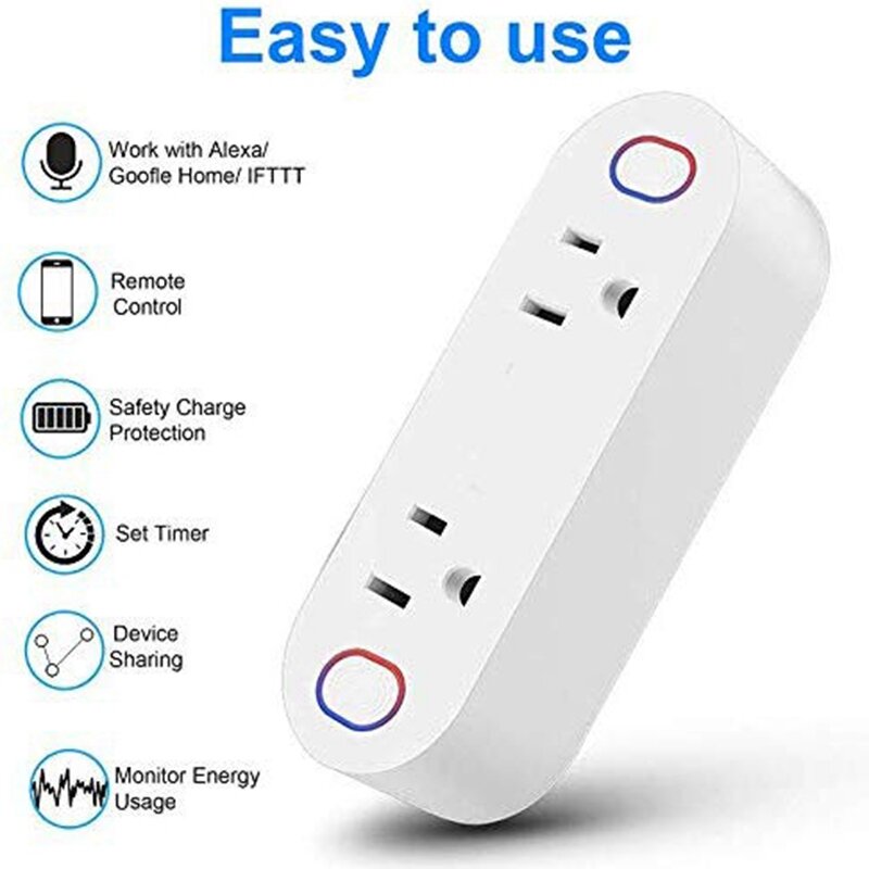 2 Pack Smart Plug 15A Smart Dual Outlet Sockets With Energy Monitoring Hands-Free Voice Control For Alexa, IFTTT & Google Assist