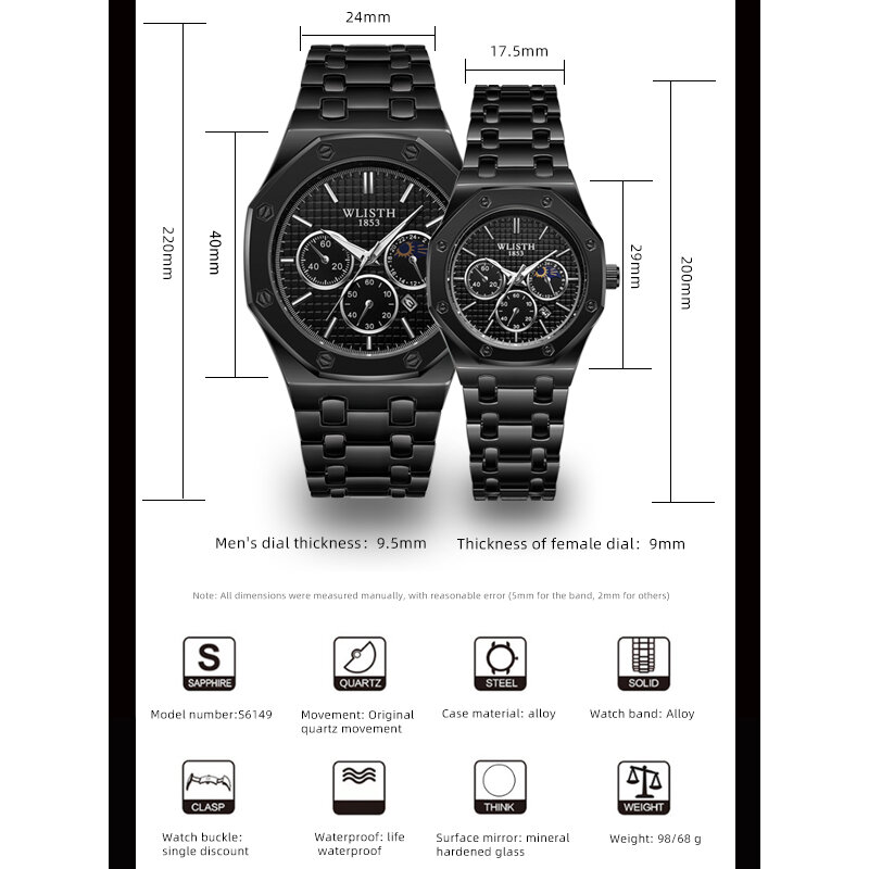 Wlisth-Reloj de pulsera de acero inoxidable para hombre y mujer, cronógrafo de cuarzo, resistente al agua, marca superior de lujo, a la moda, para negocios