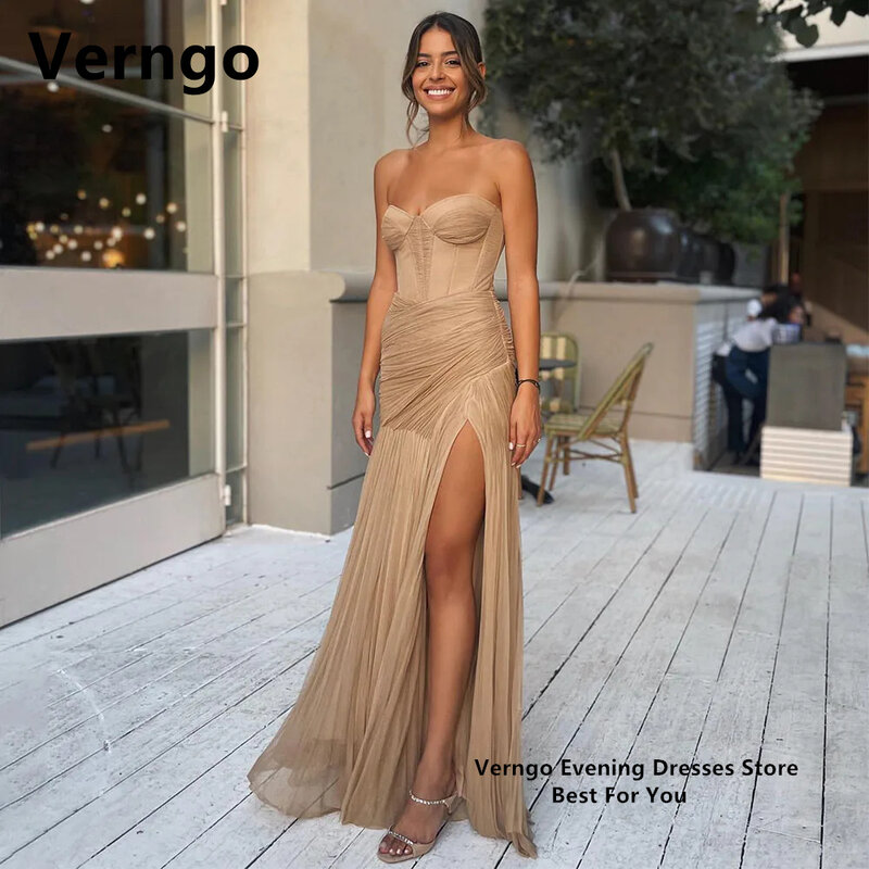 Verngo Champange Party Dress For Women Strapless Mermaid Prom Gowns Long Backless Trumpet Formal Prom Gowns vestidos de fiesta