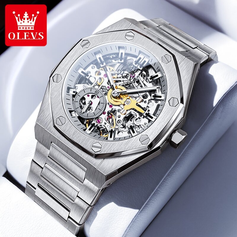 OLEVS New Fully Hollow Out Automatic Watch for Men Top Luxury Stainless Steel High Quality Original Men's Mechanical Wristwatch