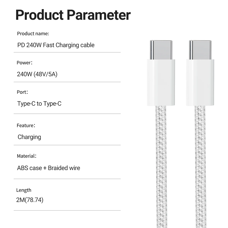 PD 240W USB C to C Charger Cable Type C Fast Charging Braided Cable for lPhone 15 Series lPad Air Pro MacBook Pro Huawei DELL