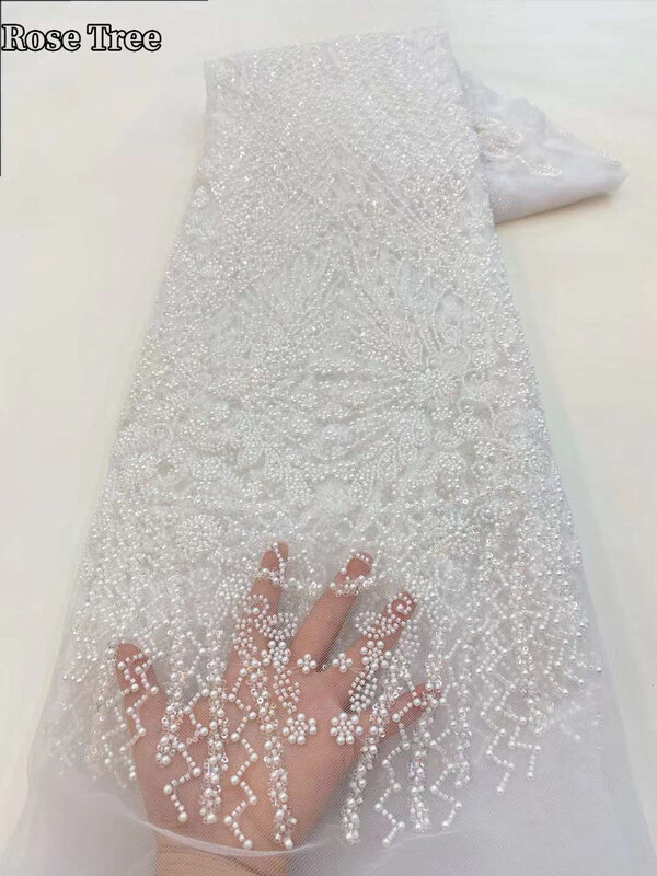 Tela de encaje pesado con bordado de lentejuelas y cuentas, tejido africano de alta calidad para vestido de novia, 2024