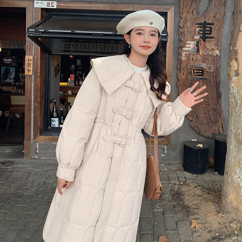 2023 Winter New Academy Style Doll Neck Down Coat Women Mid Length Loose Warm White Duck Down Coat