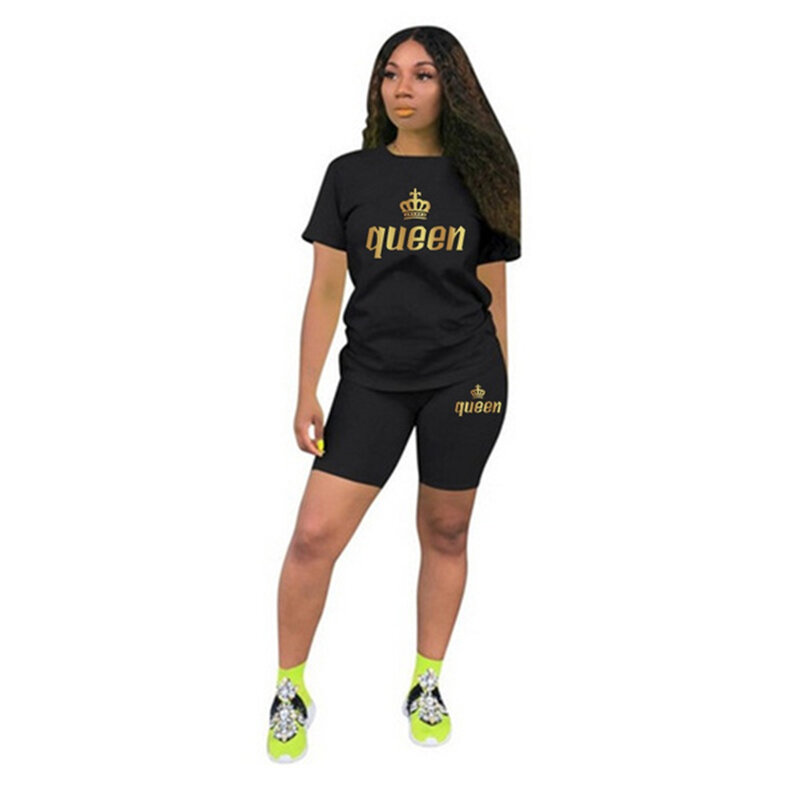 Новейший женский однотонный спортивный комплект из быстросохнущей футболки с принтом королевы, повседневный комплект из двух предметов, футболка с коротким рукавом, велосипедные шорты