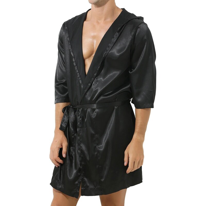 남성용 반팔 잠옷 세트, 후드 오픈 프론트 벨트 목욕 가운, 탄성 허리띠 반바지, 나이트웨어 라운지웨어