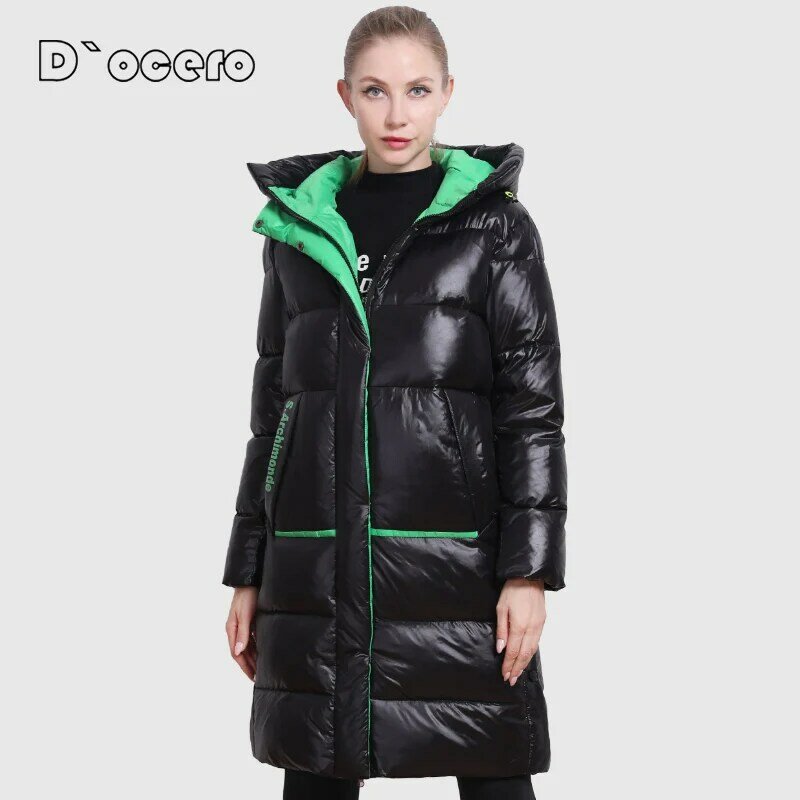 Docero 2022 nova jaqueta de inverno feminino casual solto contrastando cores lado dividir parkas grosso acolchoado casaco longo com capuz outerwear
