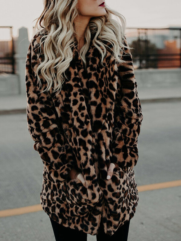 Женская зимняя Толстая теплая Модная Роскошная куртка с длинным рукавом и леопардовым принтом из искусственного меха Верхняя одежда искусственная куртка плюшевая одежда