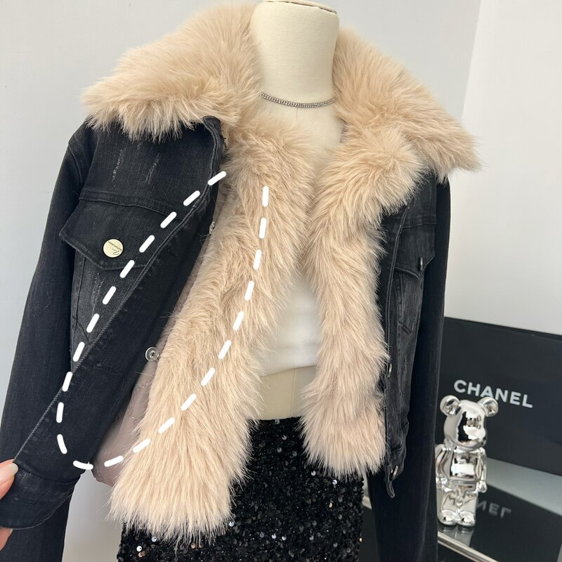 Luxo fuzzy denim jaqueta para mulheres chique high street inverno removível algodão acolchoado forro peludo jaqueta senhora grosso quente outwear
