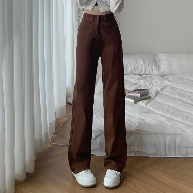 ฤดูร้อนผู้หญิงสีน้ำตาลกางเกงยีนส์สูงเอวหลวมตรงขากว้าง Denim หญิง Y2k Casual Streetwear Vintage Baggy กางเกง