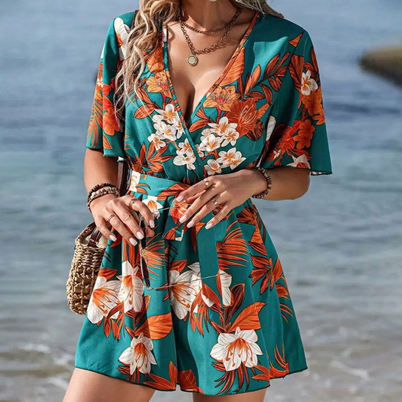 Женский сексуальный мини-комбинезон с V-образным вырезом, летнее богемное Повседневное платье с цветочным принтом, женское пляжное платье с оборками, стандартное платье, пляжный курортный стиль
