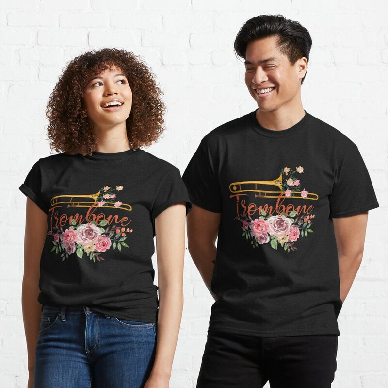T-shirt trombone à fleurs pour hommes et femmes, classique, unisexe, pour couple, court, d'été, décontracté, en coton, nouvelle collection