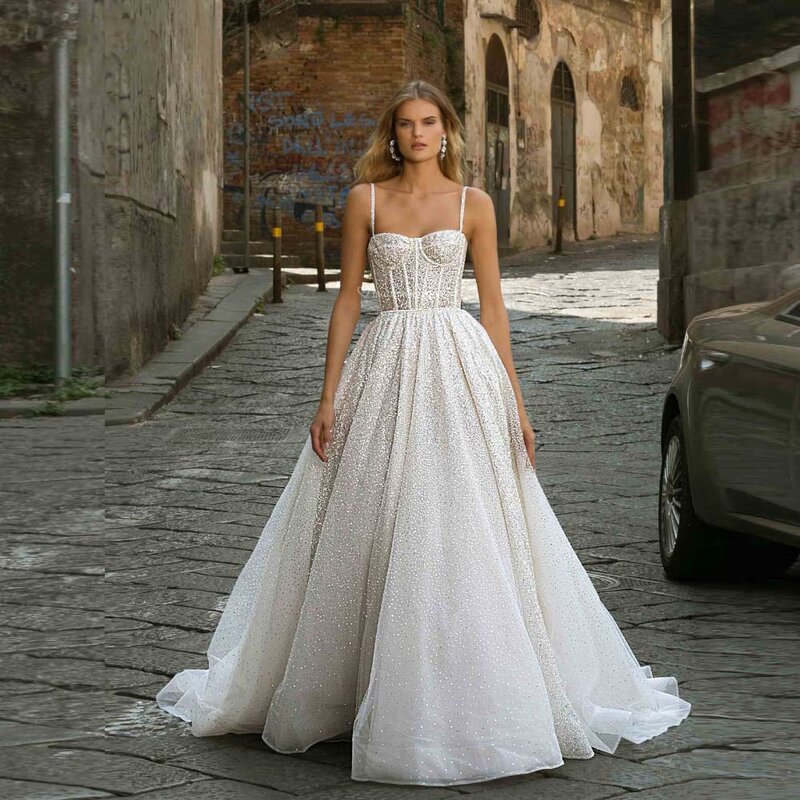 Vestidos de noiva com pentagrama espumantes femininos, linha simples, cintas de espaguete, vestido de noiva de luxo, personalizado, 2024