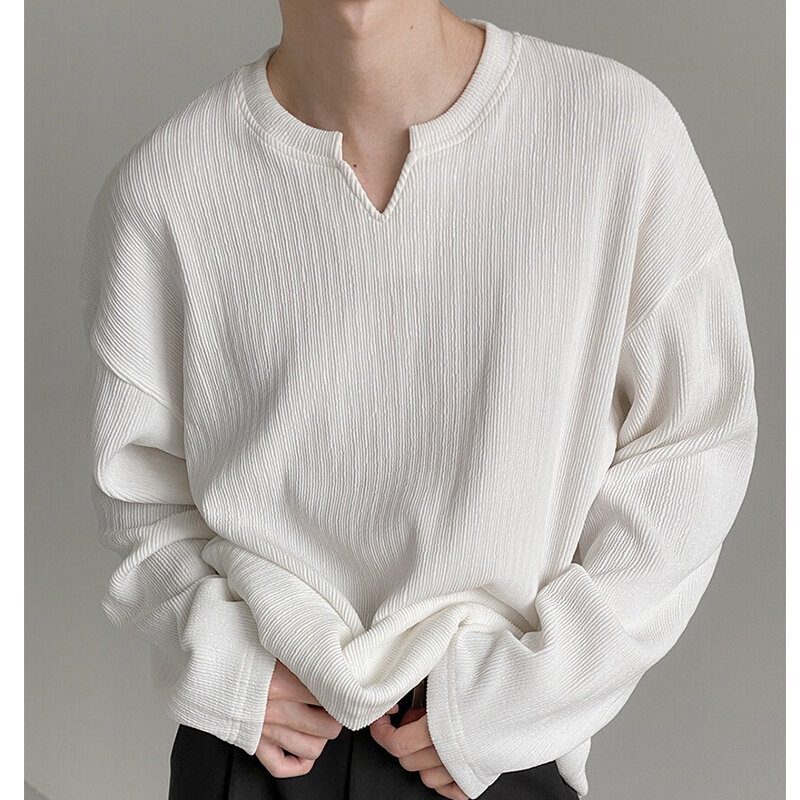 Ribbed Drape V Neck All-match Solid Fall Spring Casual  Long Sleeve Men Clothes Loose New Trendy Fashion Oversized Top Euro Size